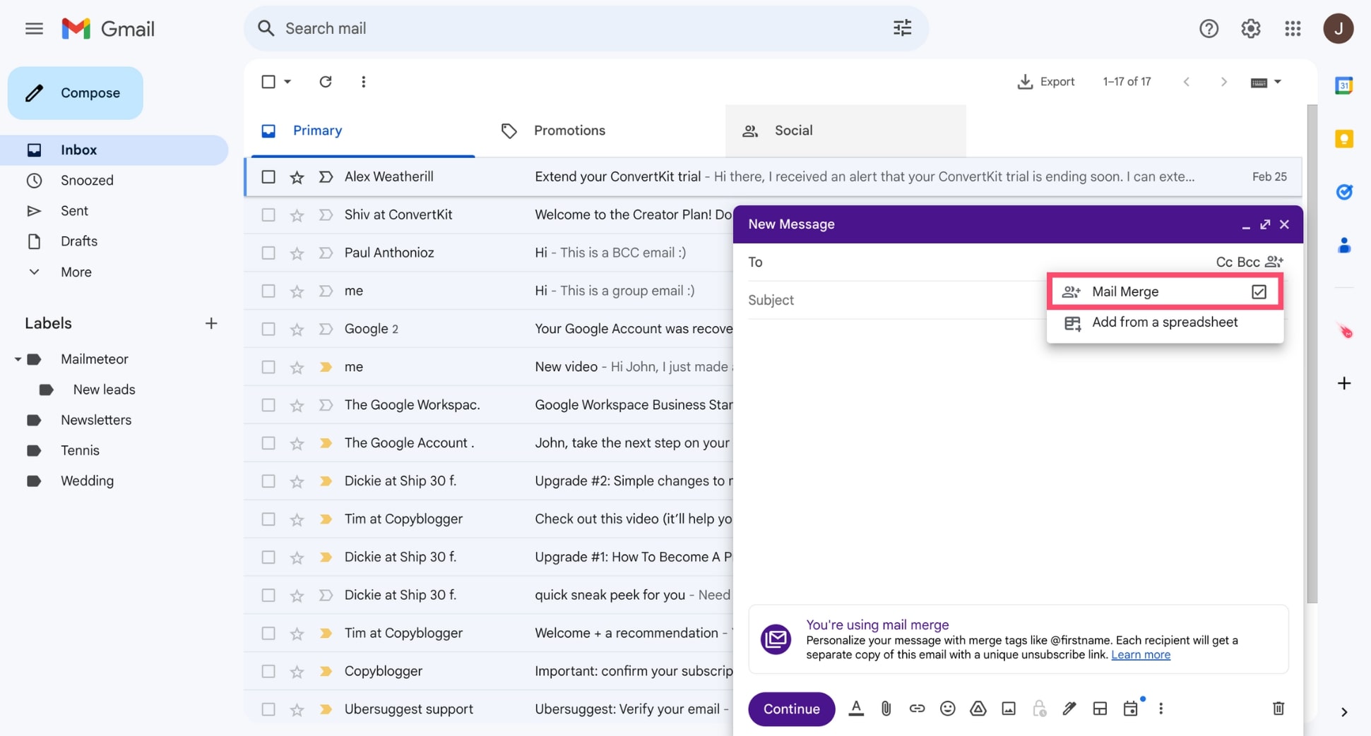 Activate the mail merge feature in Gmail