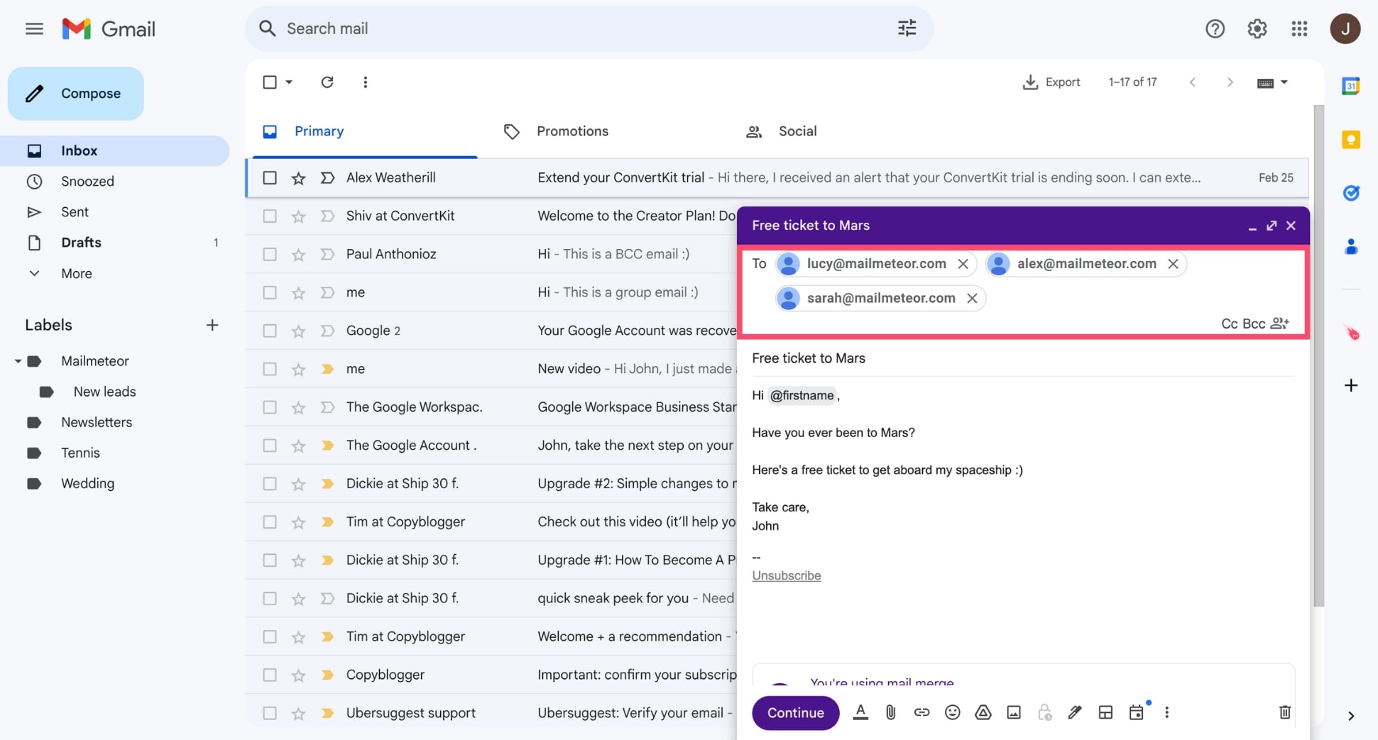 Add recipients to your mail merge in Gmail