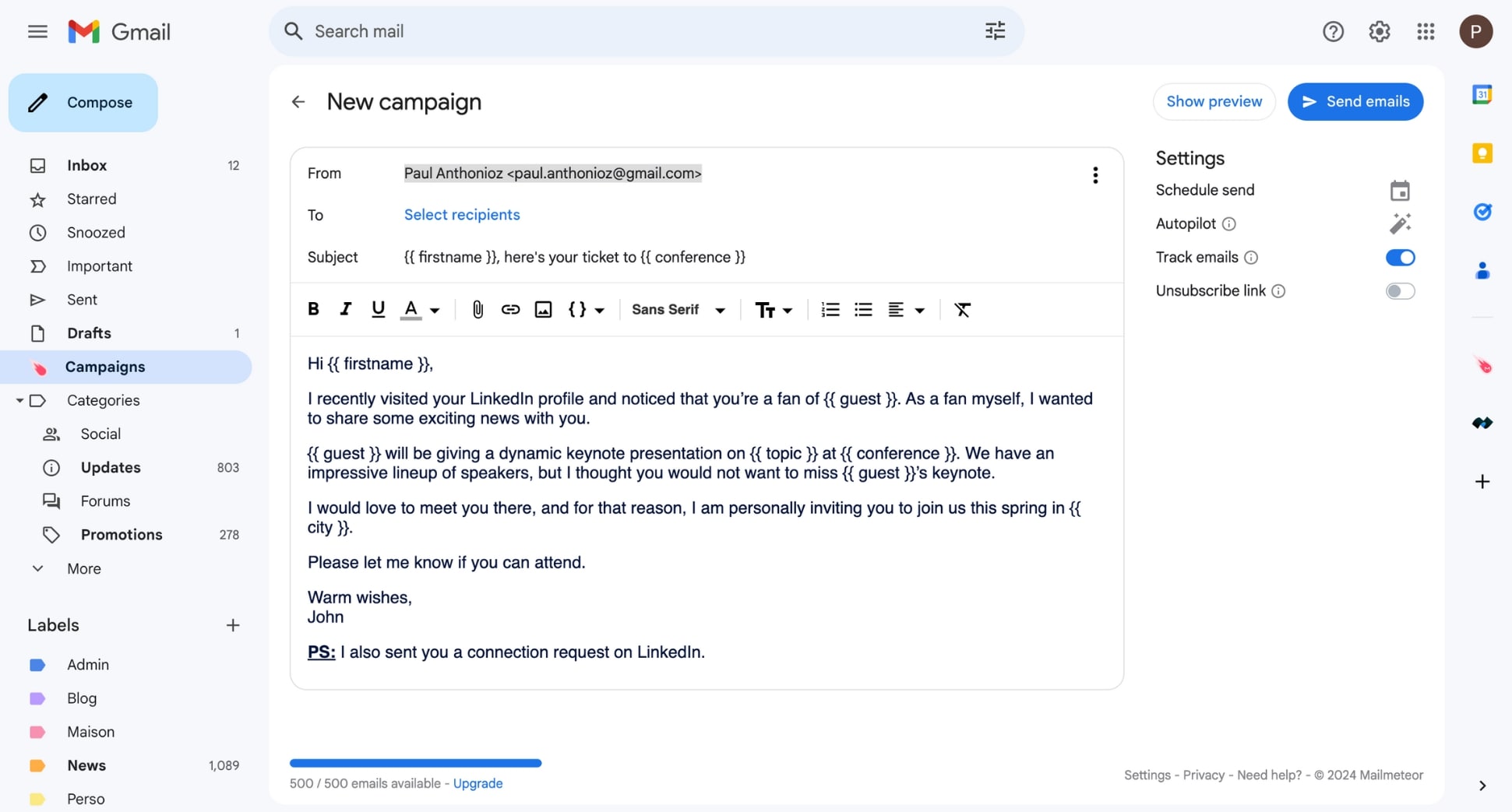 Example of a Gmail mail merge