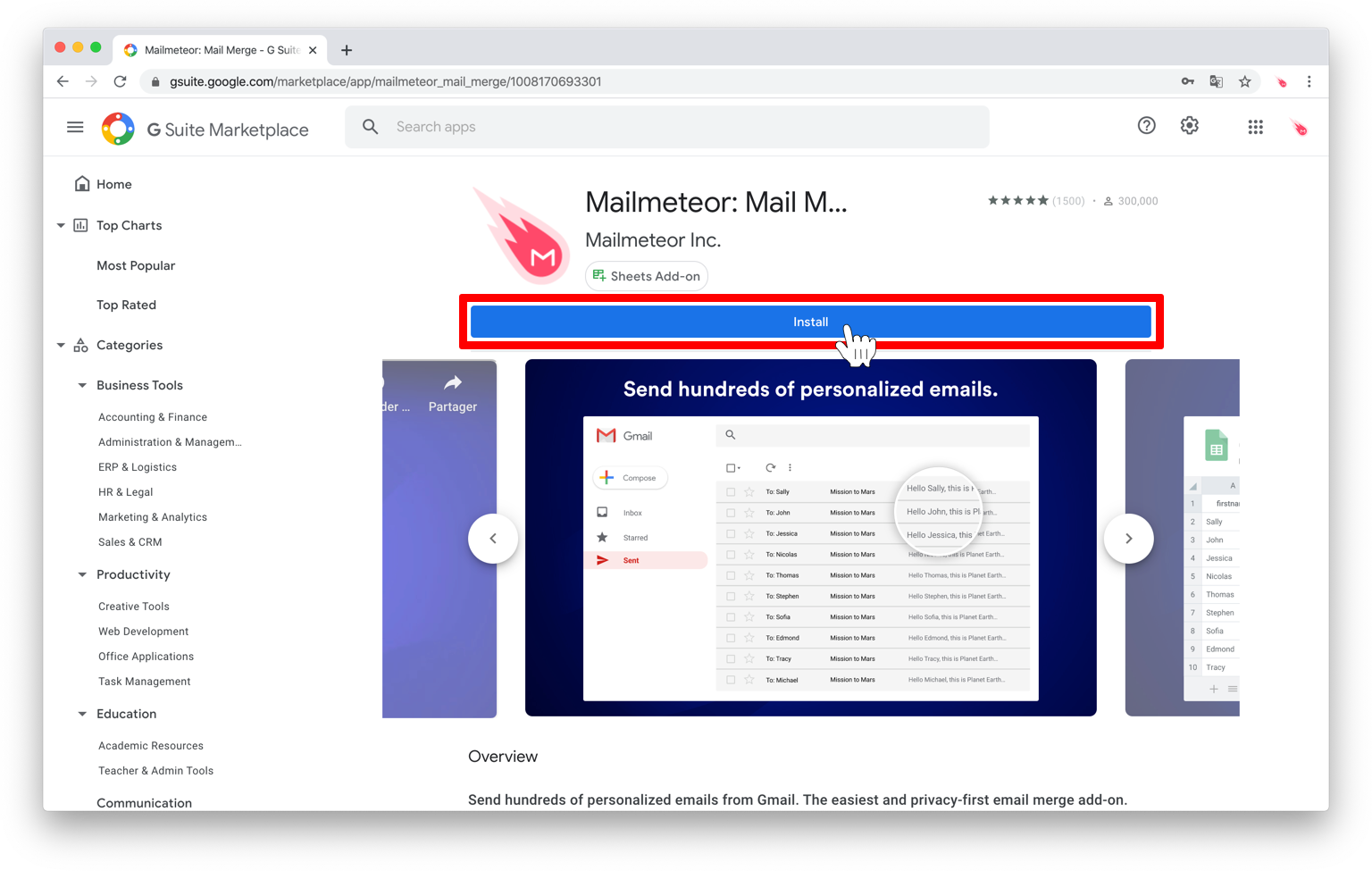 Install Mailmeteor’s add-on to start your mail merge from Google Sheets