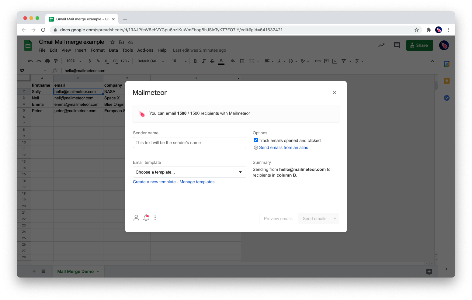 Open Mailmeteor in Google Sheets