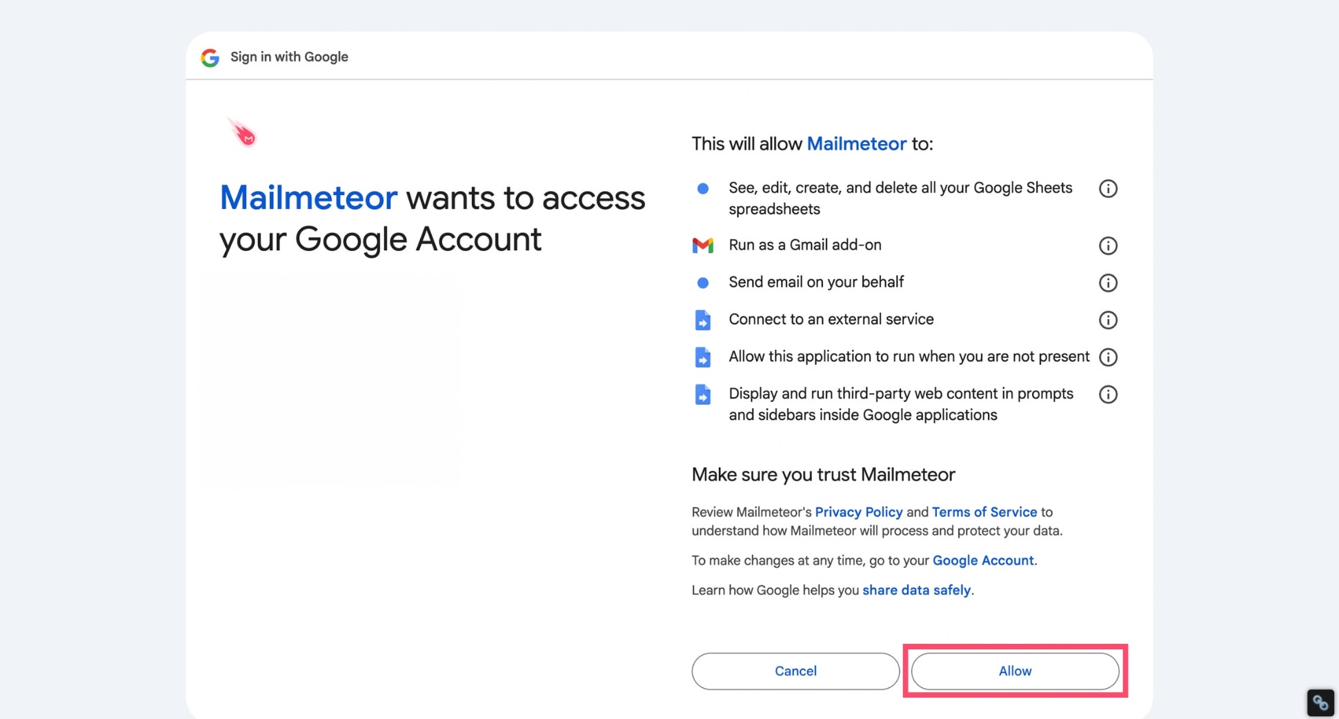 Mailmeteor requires access to your Google Account