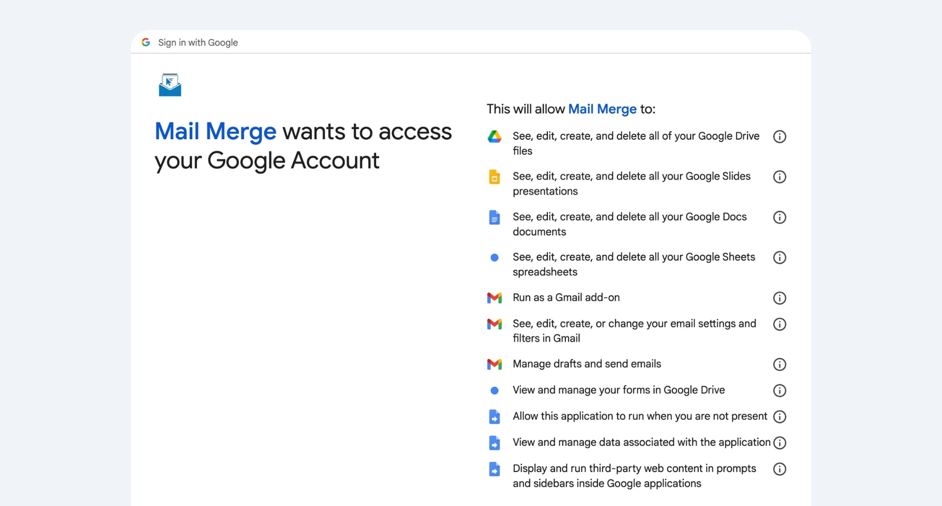 Mail Merge requires access to your Google Account