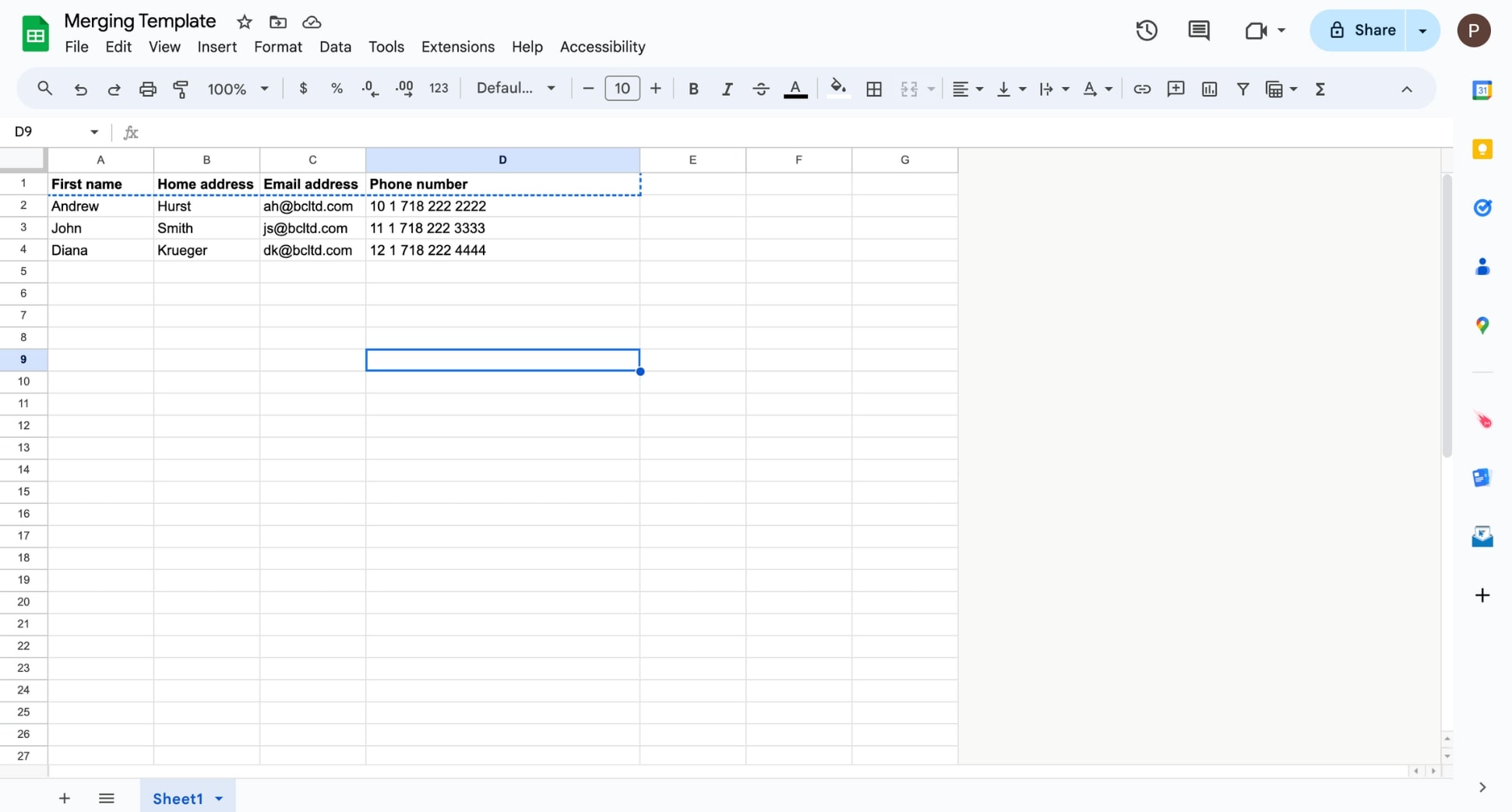 Edit your spreadsheet to mail merge in Google Docs