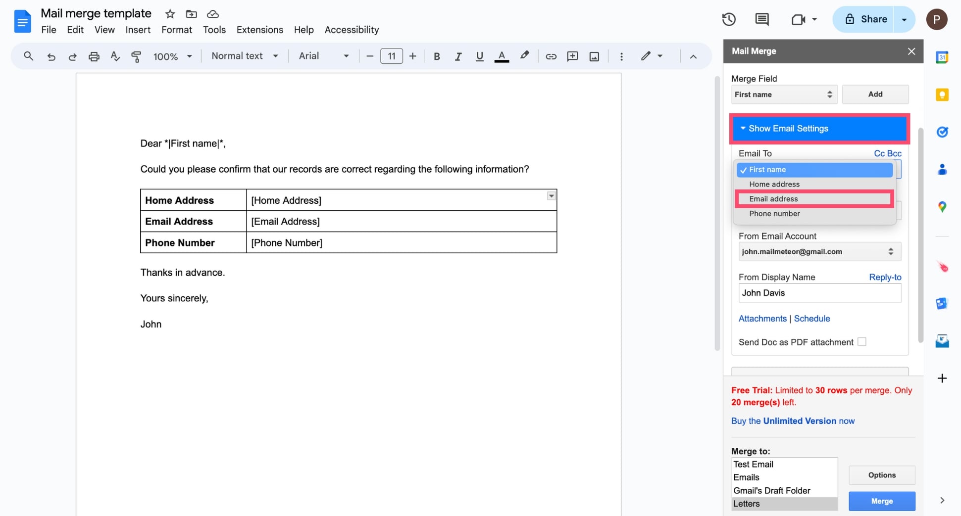 Set up your mail merge in Google Docs