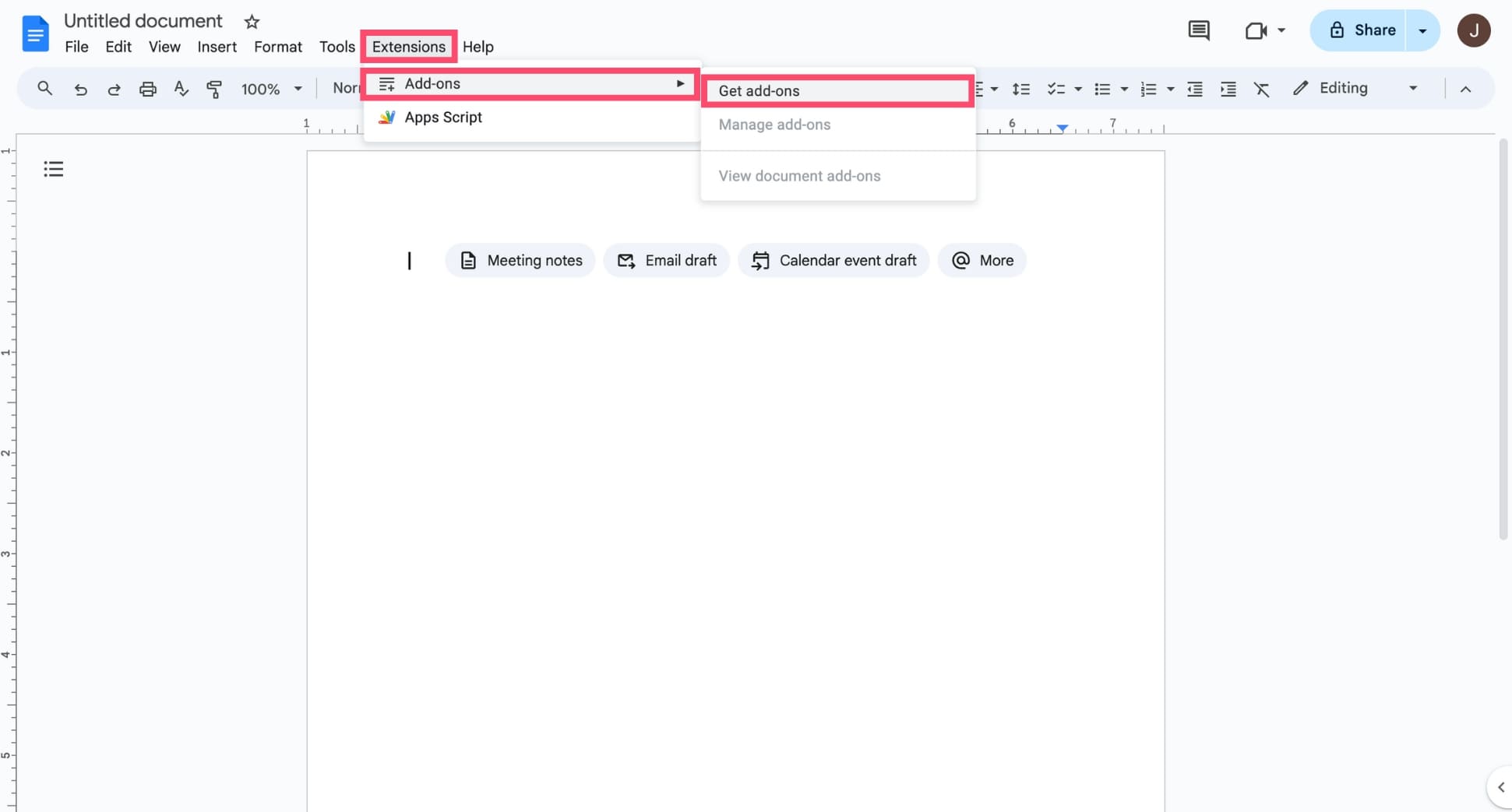 Open the add-ons menu in Google Docs