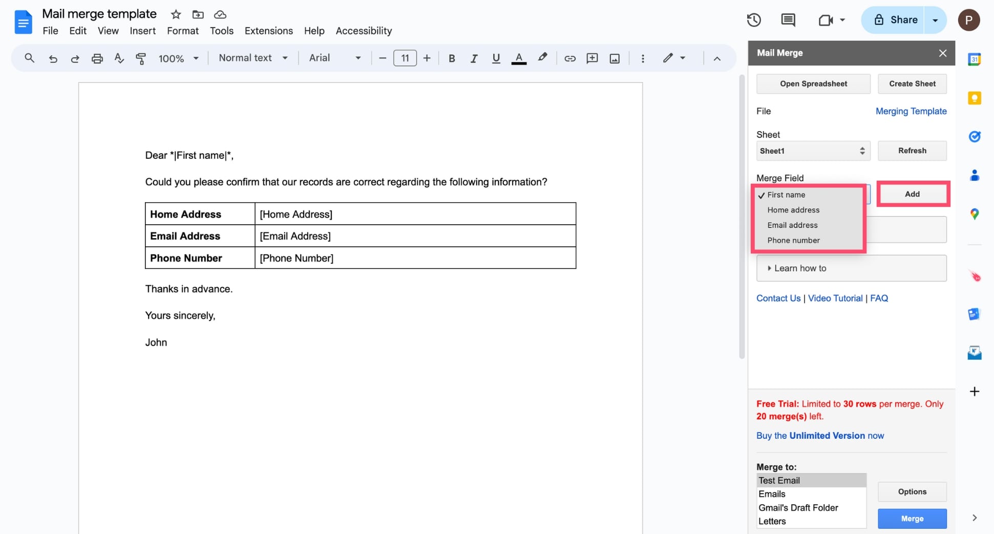 Insert merge fields in your Google Docs template to customize it