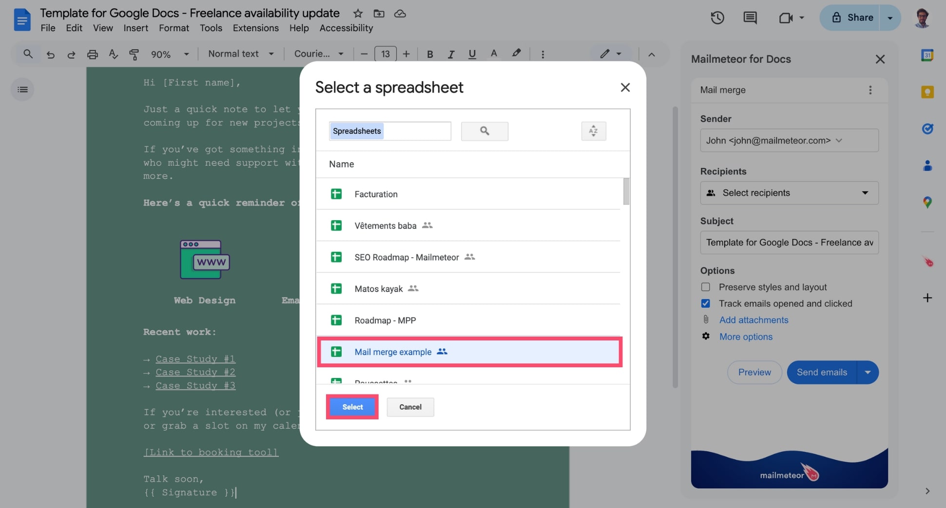 Link your spreadsheet to your Google Docs template