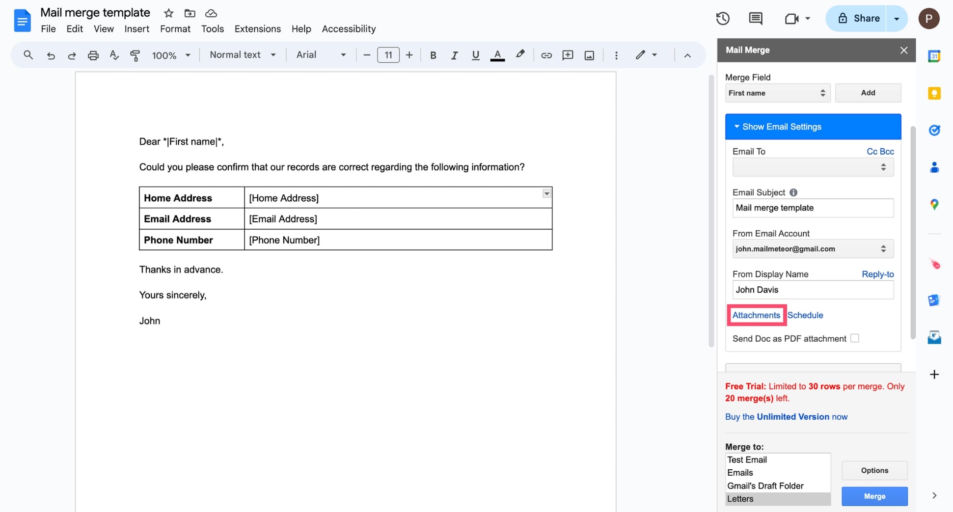 Add attachments to your mail merge in Google Docs