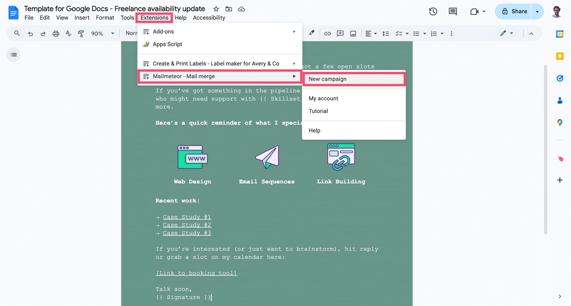 Start a new Google Docs mail merge