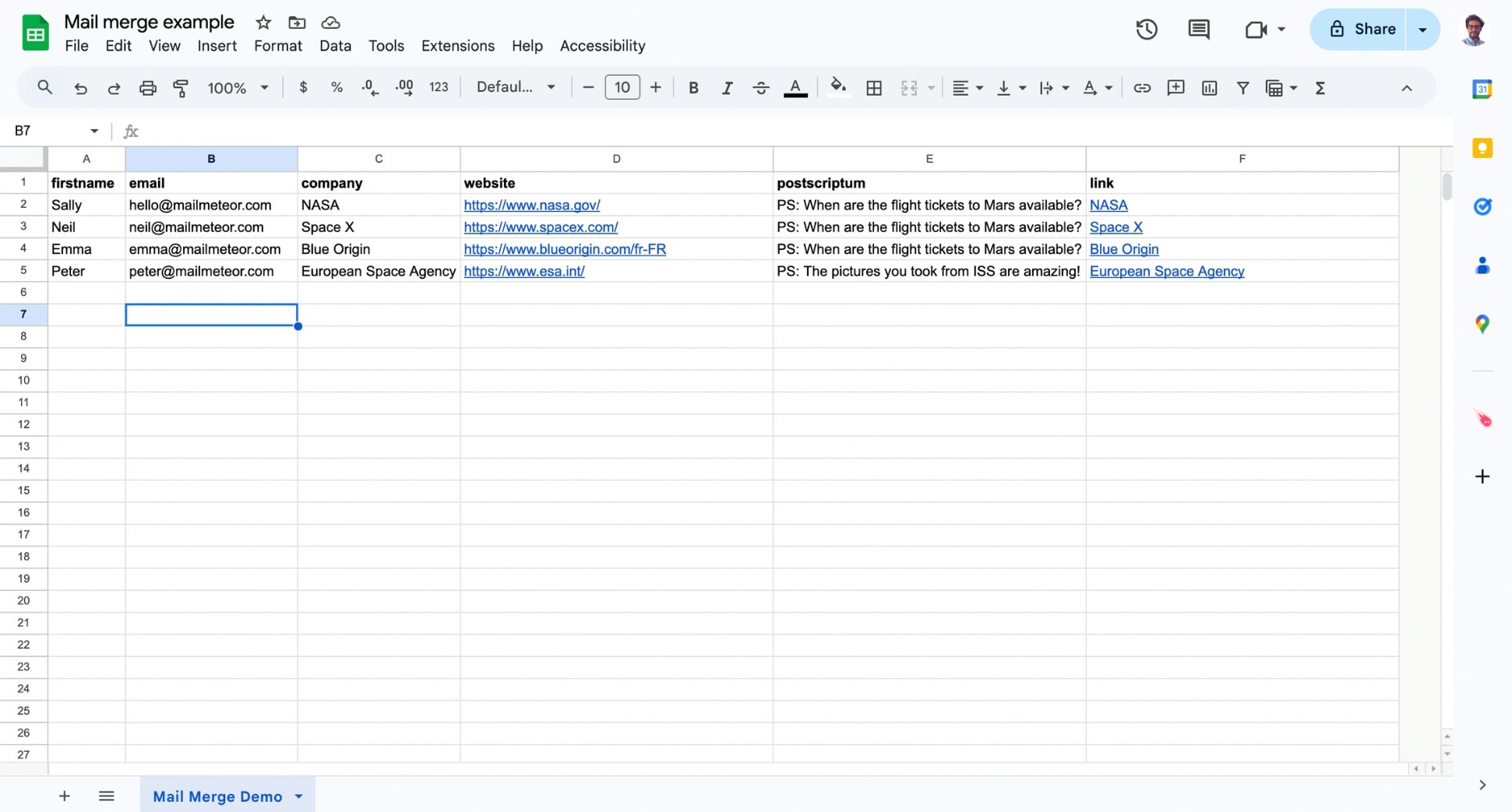 Edit your spreadsheet to mail merge in Google Docs