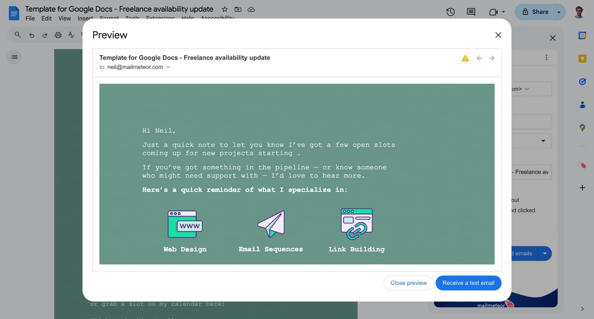 Preview your mail merge in Google Docs