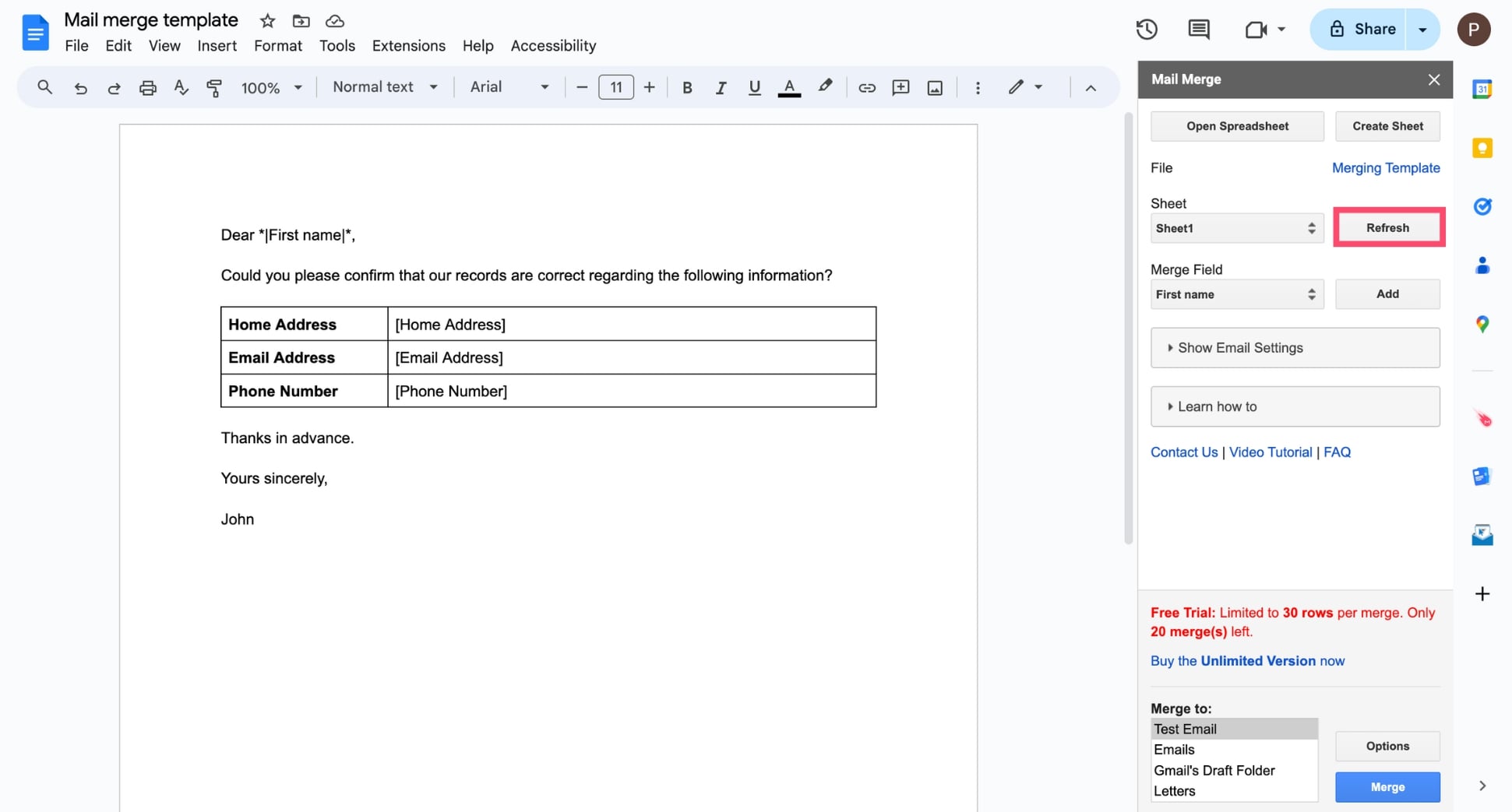 Sync your document with your data source in Google Docs