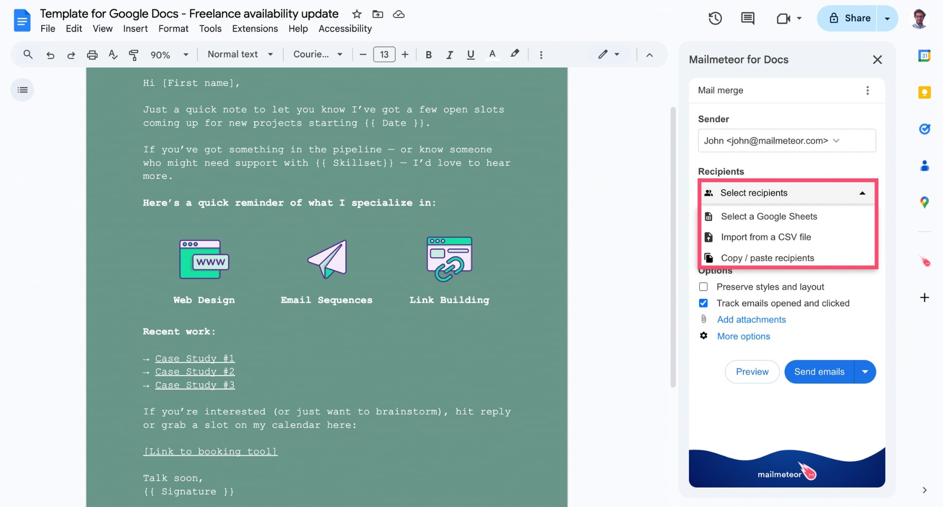 Select a data source for your Google Docs mail merge