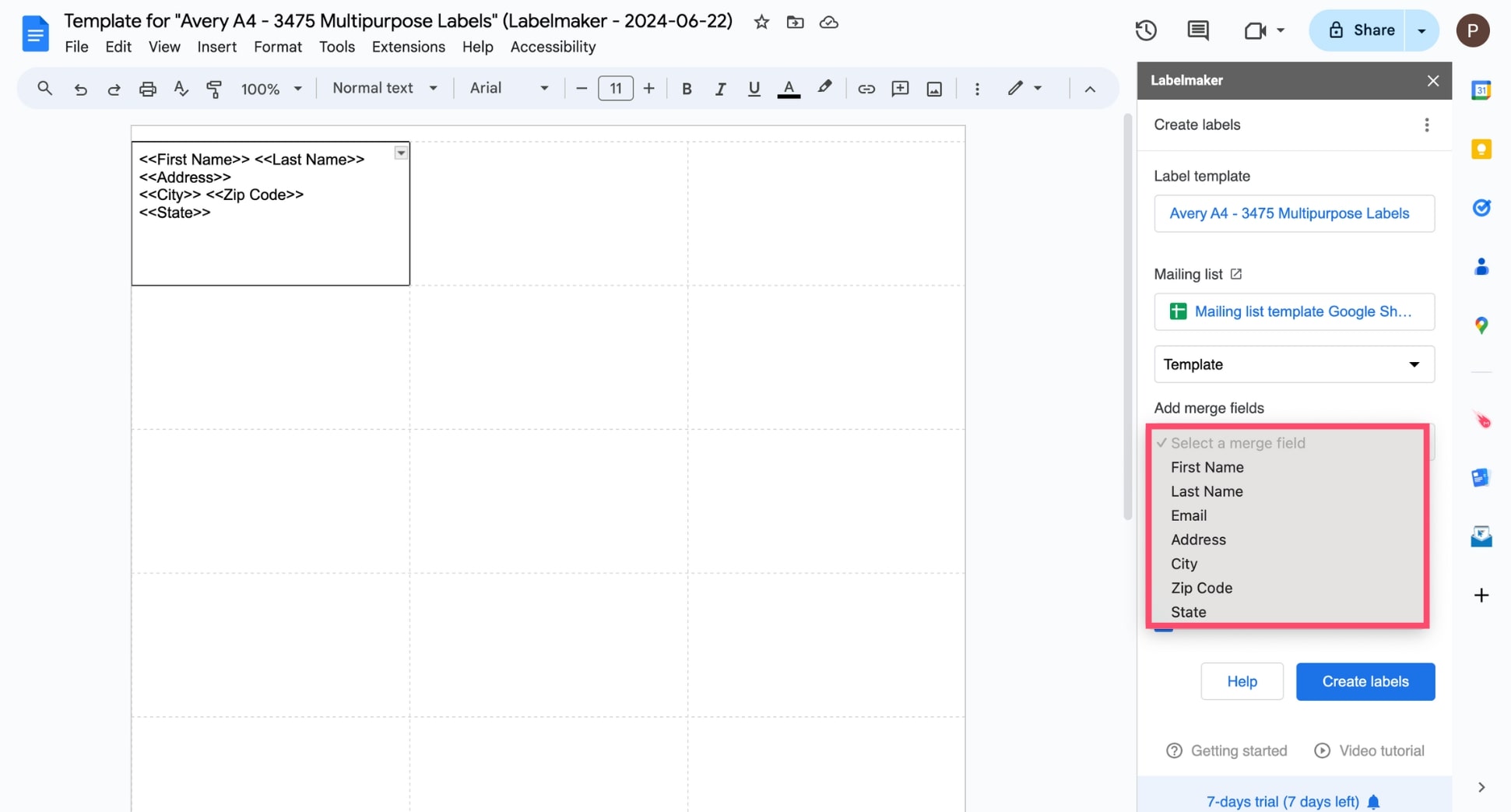 Add merge tags to personalize your labels in Google Docs