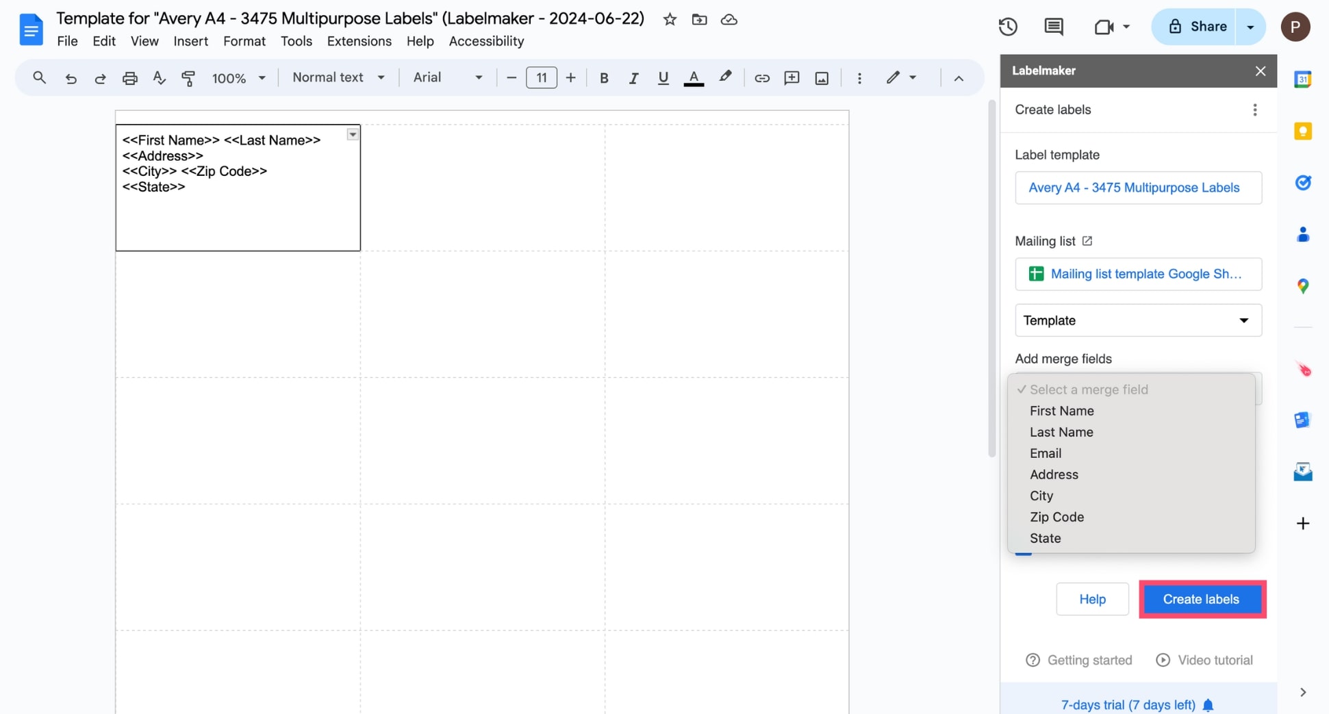 Mail merge your labels using Google Docs and Google Sheets