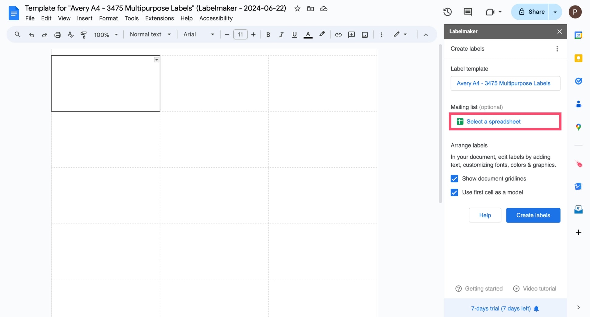 Select your Google Sheets spreadsheet as your data source in Google Docs