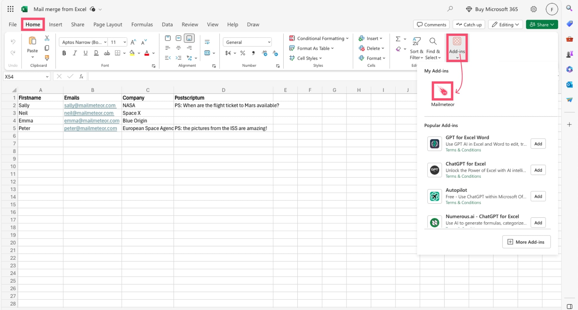 Open Mailmeteor in Excel