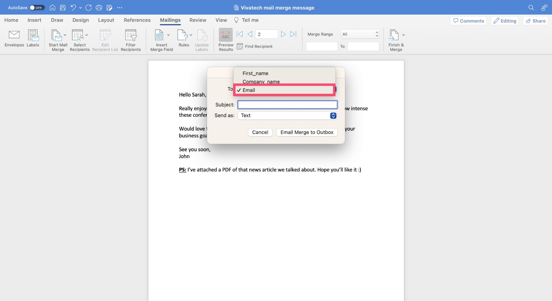 Send mail merge in Outlook
