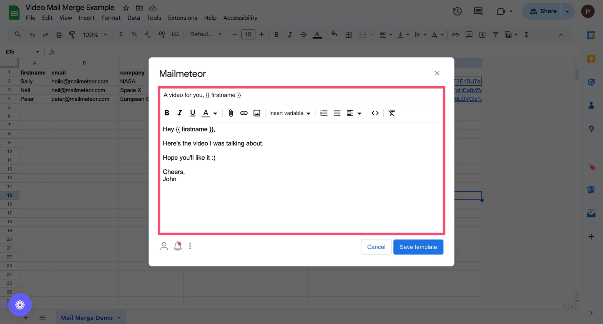 Customize your video mail merge template in Google Sheets