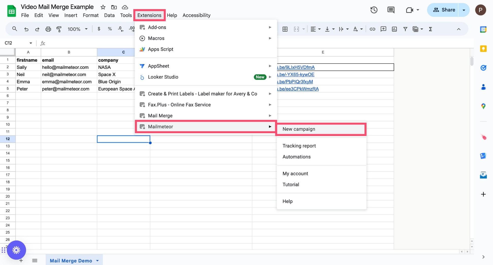 Open Mailmeteor in Google Sheets