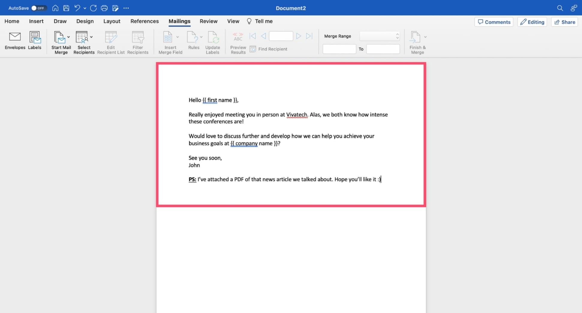 Create a mail merge document in Microsoft Word