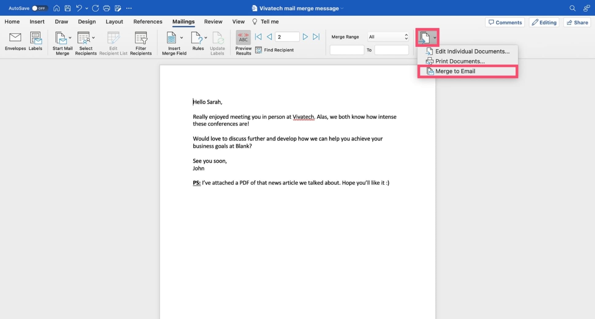 Merge to email in MS Word