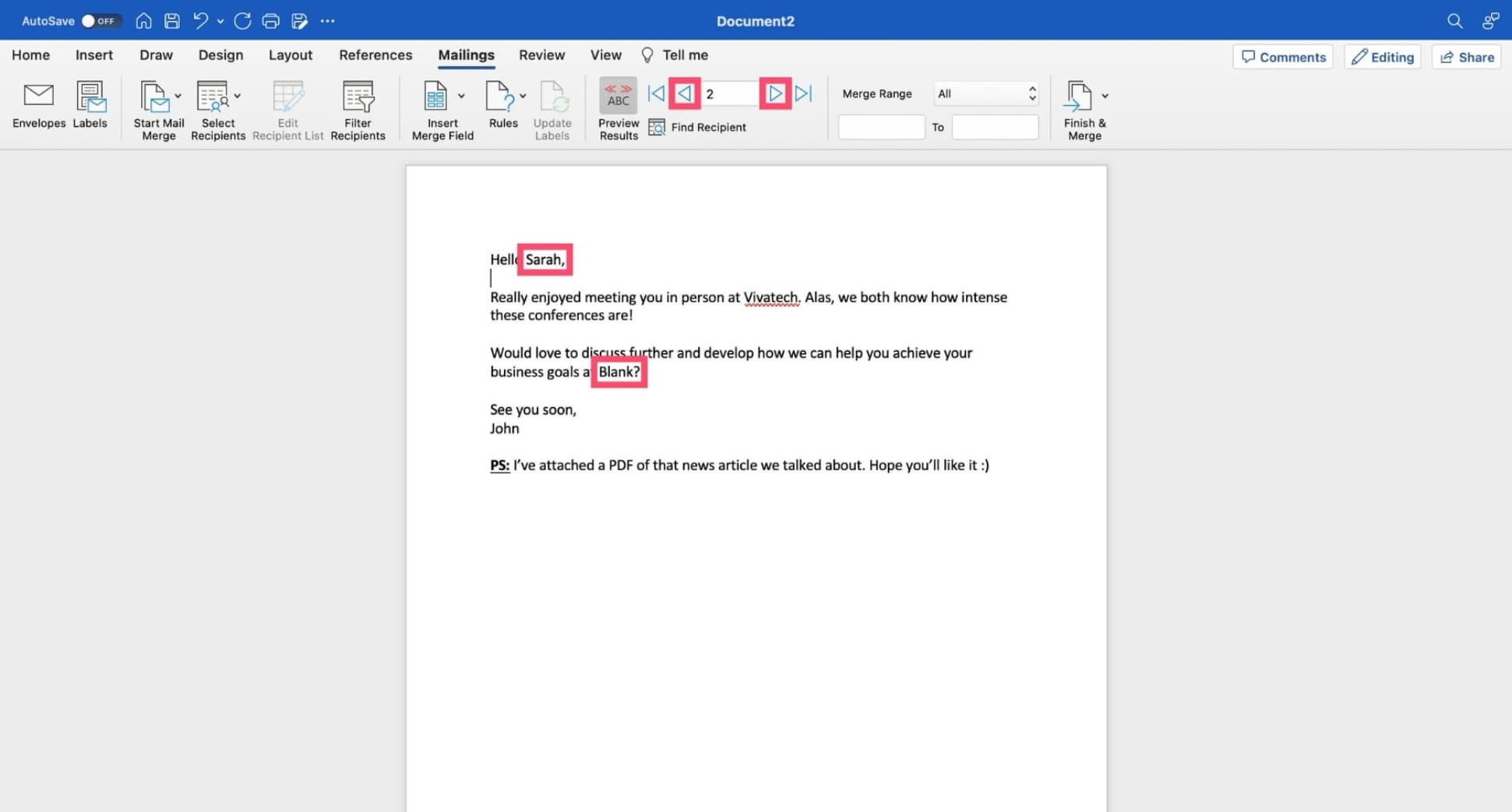 Preview your mail merge in Word