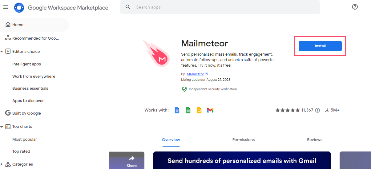 install Mailmeteor from Google Workspace Marketplace