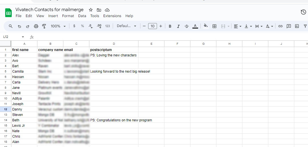 Create a Spreadsheet contact list