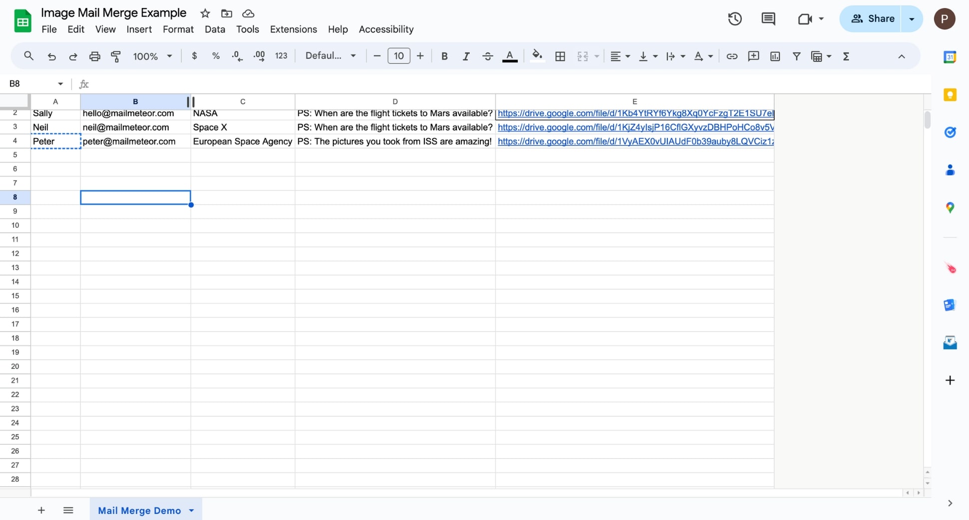 Fill your spreadsheet with your recipients' data