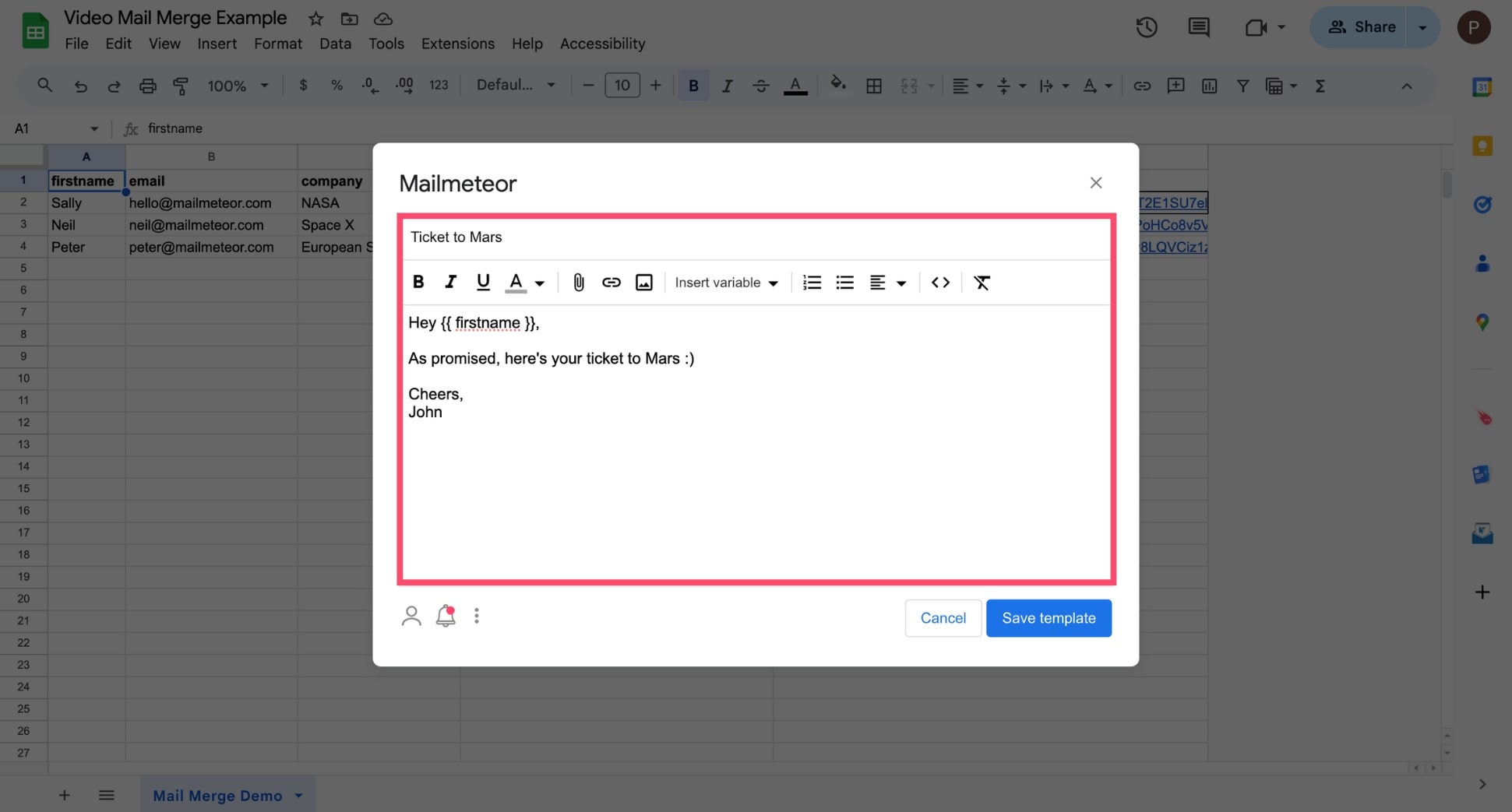 Insert merge fields in Google Sheets