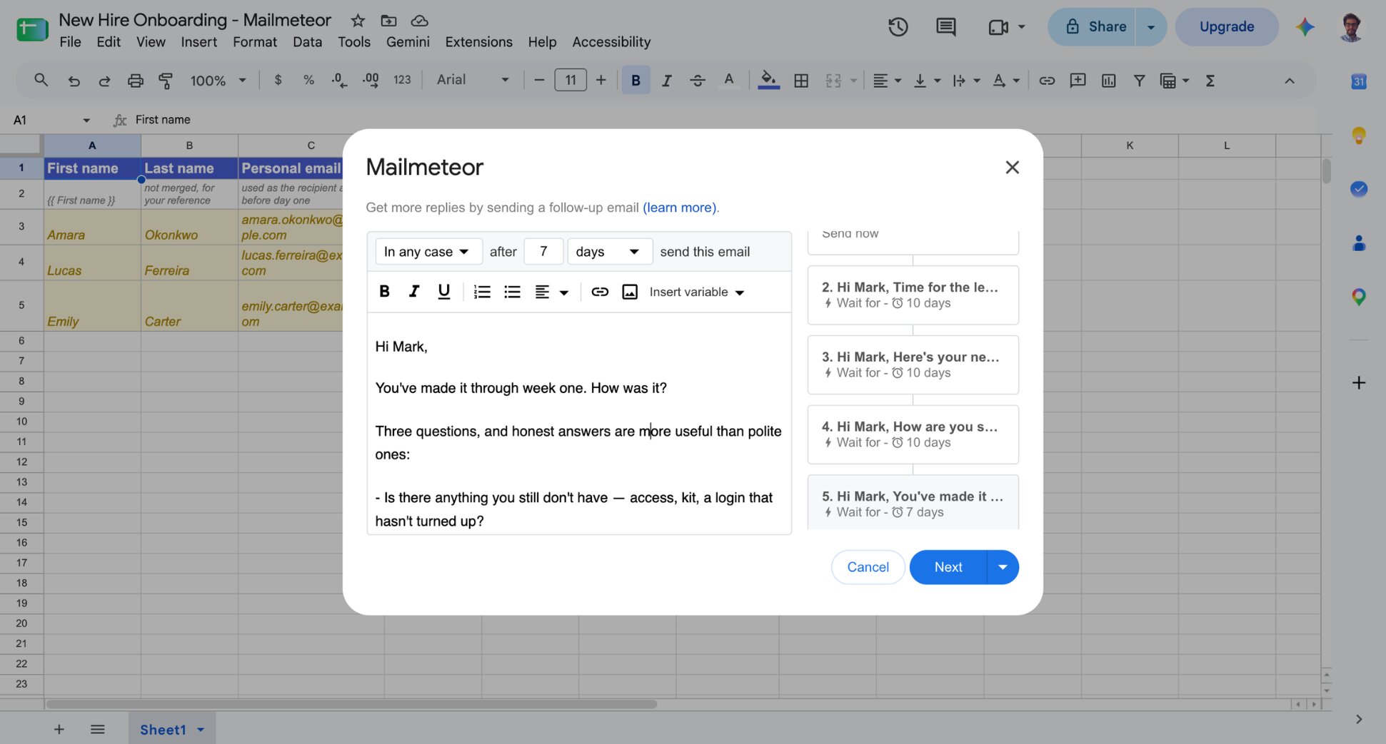 Mailmeteor sequence view showing chained follow-up emails with delays set between each
