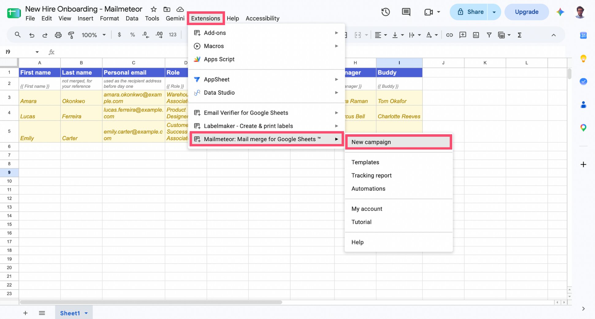 Mailmeteor menu in Google Sheets Extensions, with New campaign selected