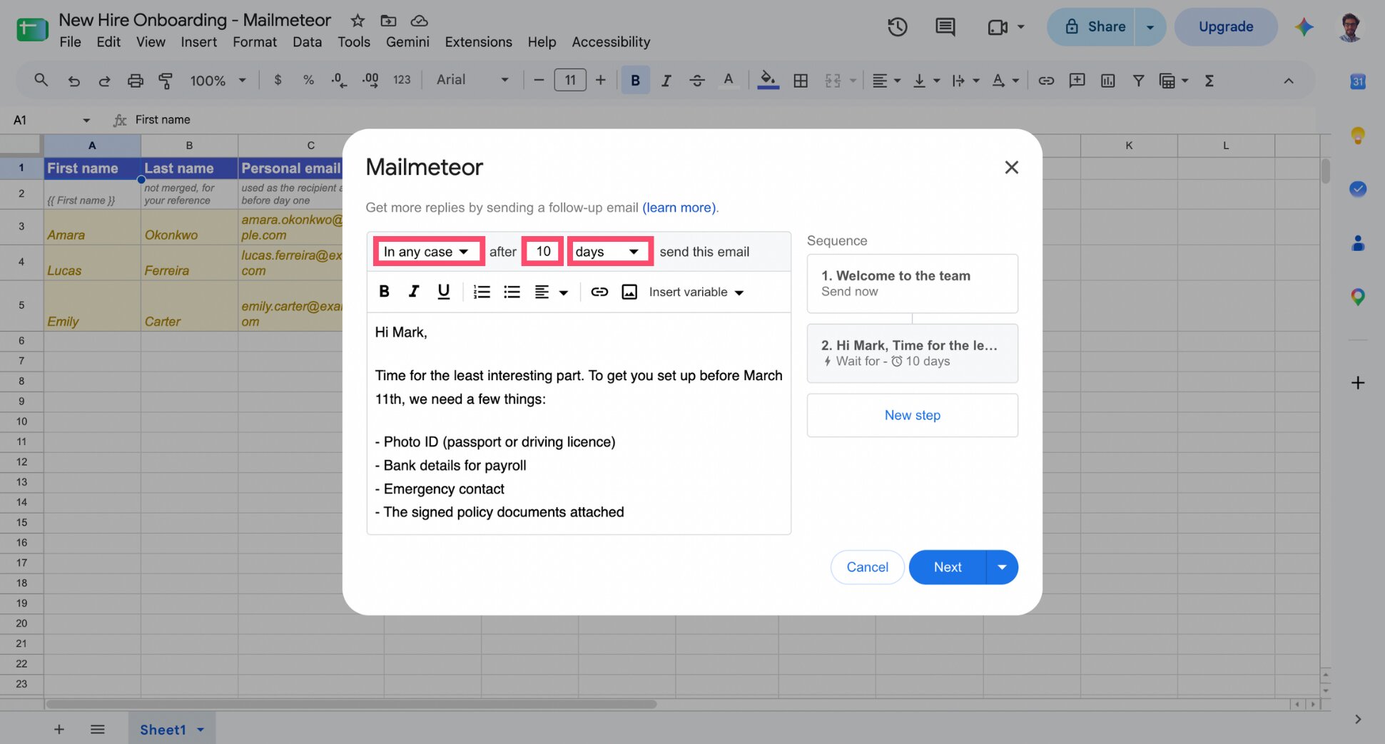 Mailmeteor follow-up settings with trigger set to In any case and a delay of several days