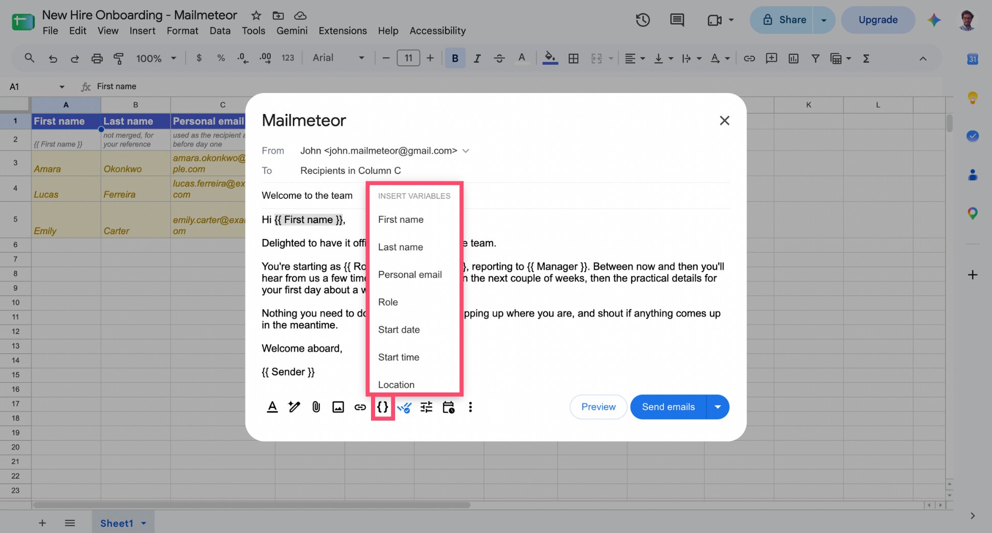 Mailmeteor Compose window with a welcome email draft and a merge tag inserted from Insert variable