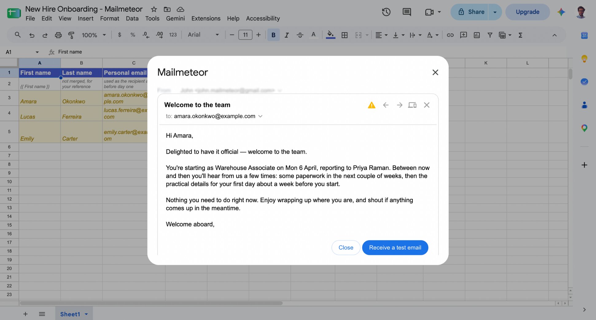 Mailmeteor preview screen showing a personalized onboarding email with the start date highlighted