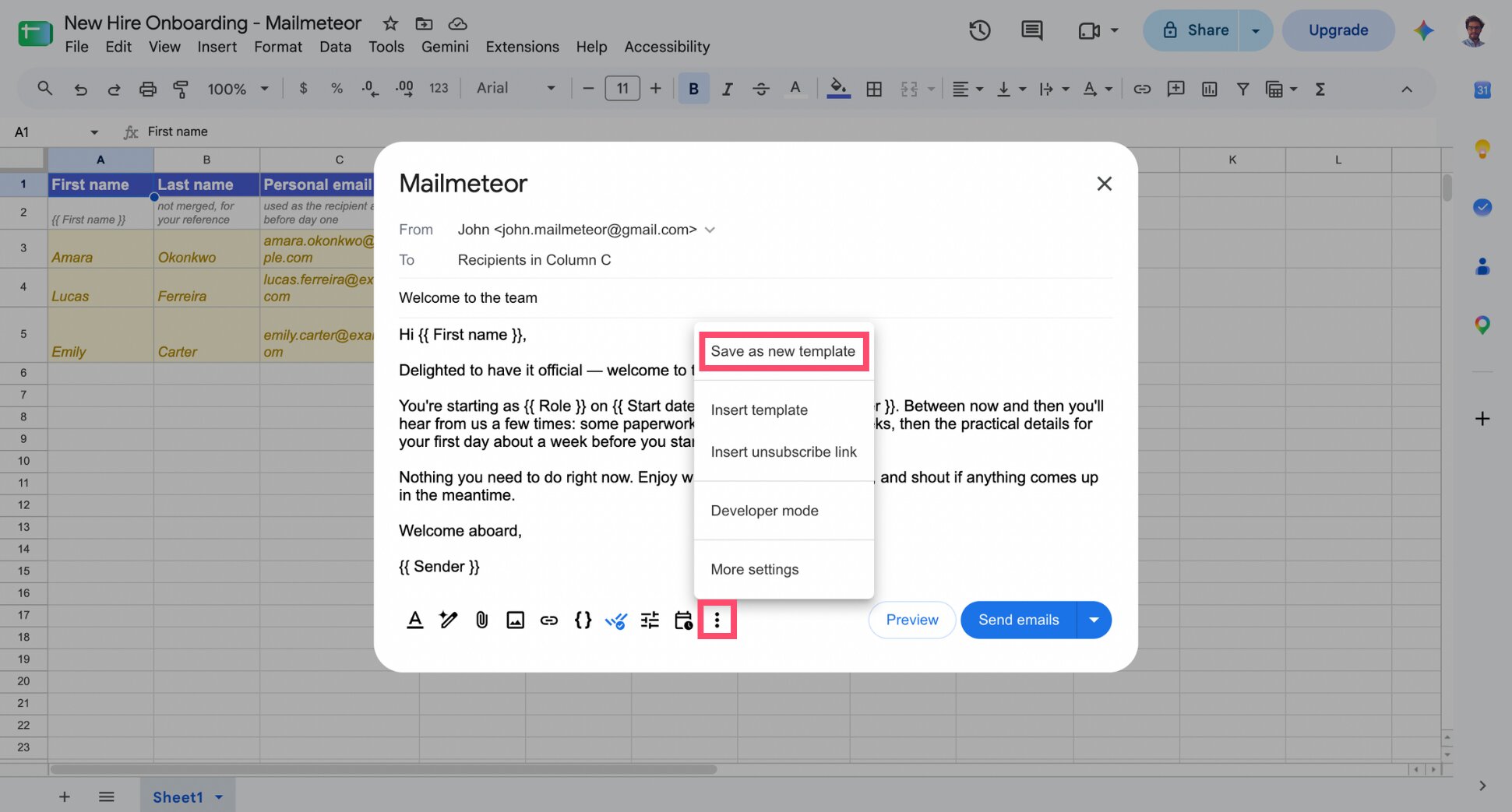 Mailmeteor Save as new template dialog with a template name entered