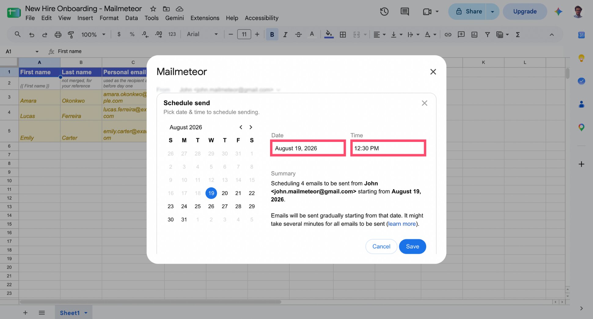 Mailmeteor send screen with a scheduled send time set for an onboarding campaign