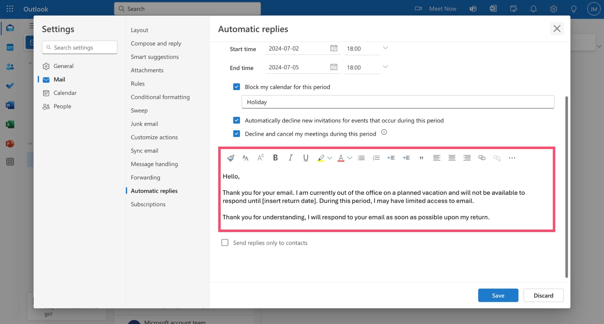 how to write out of office mail in outlook