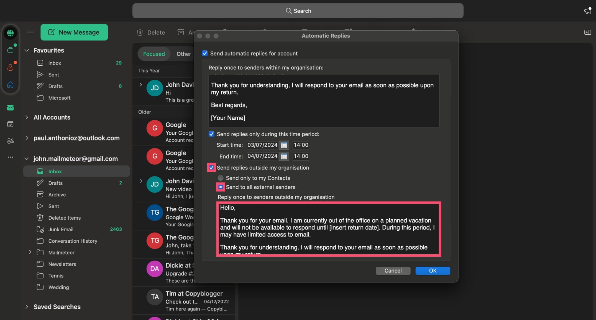 Compose an out of office message for external senders in Outlook for Mac