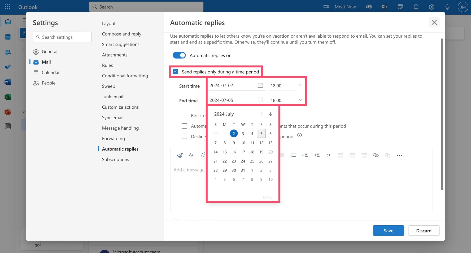 Select your out of office time period in Outlook