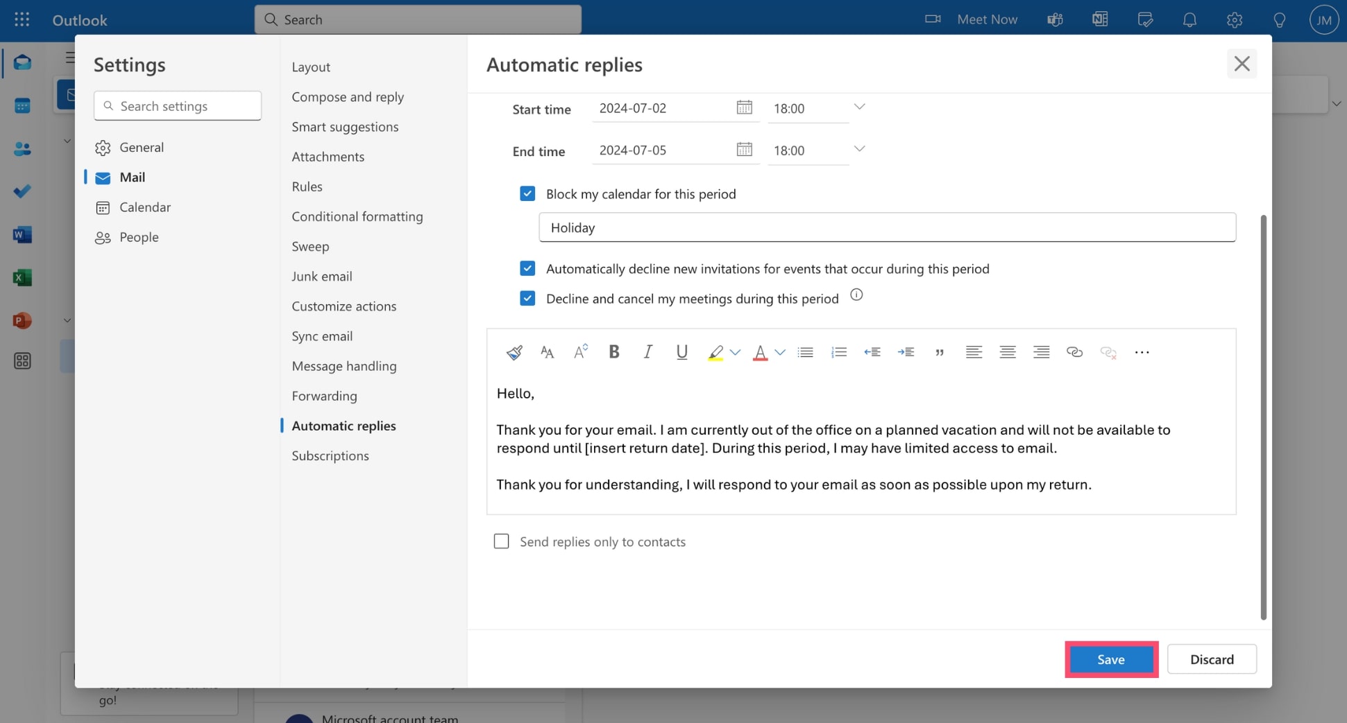 Save your automatic reply in Outlook’s web app