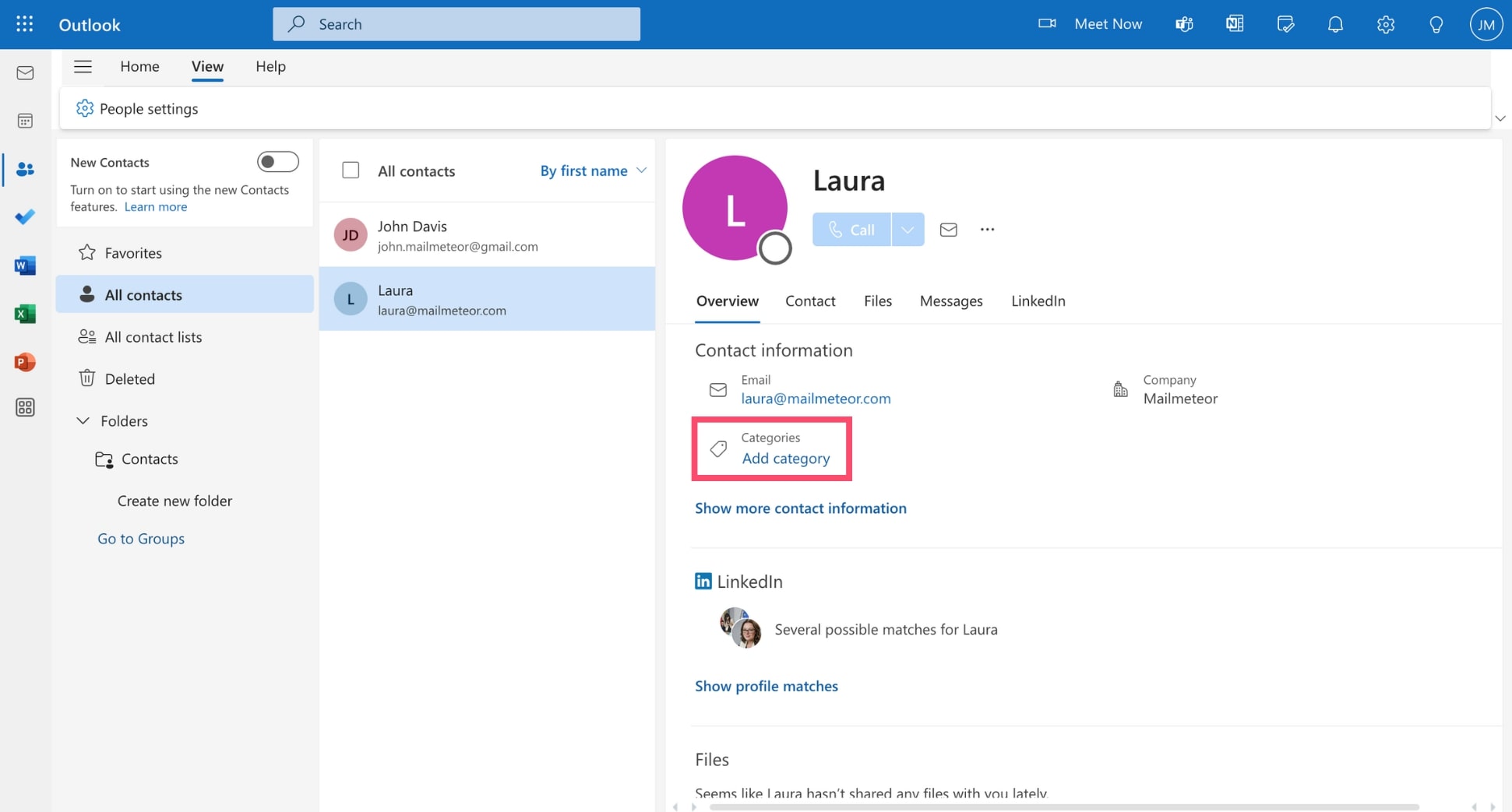 Add categories to your Outlook contacts