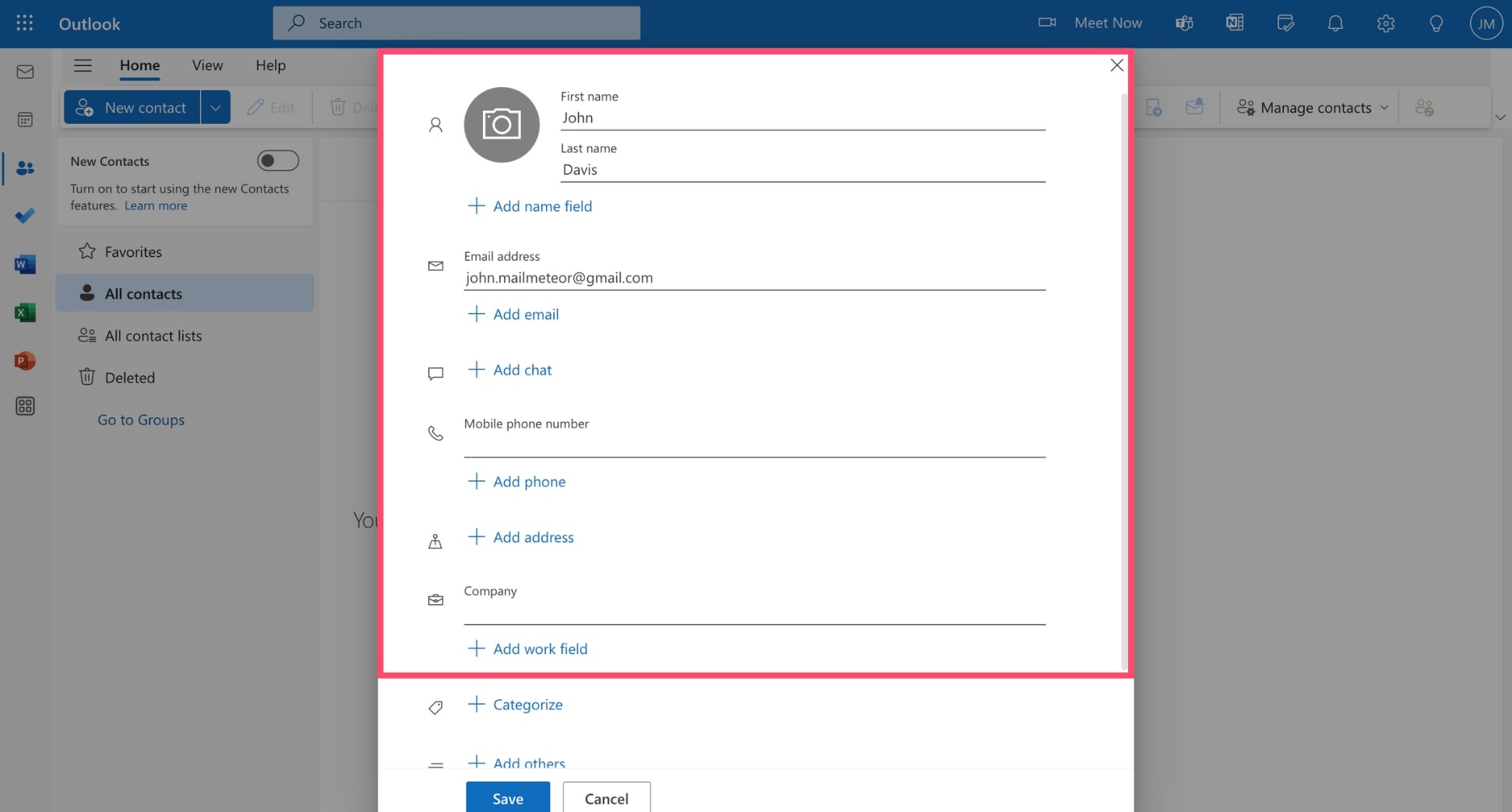 Enter the details of your contact in Outlook