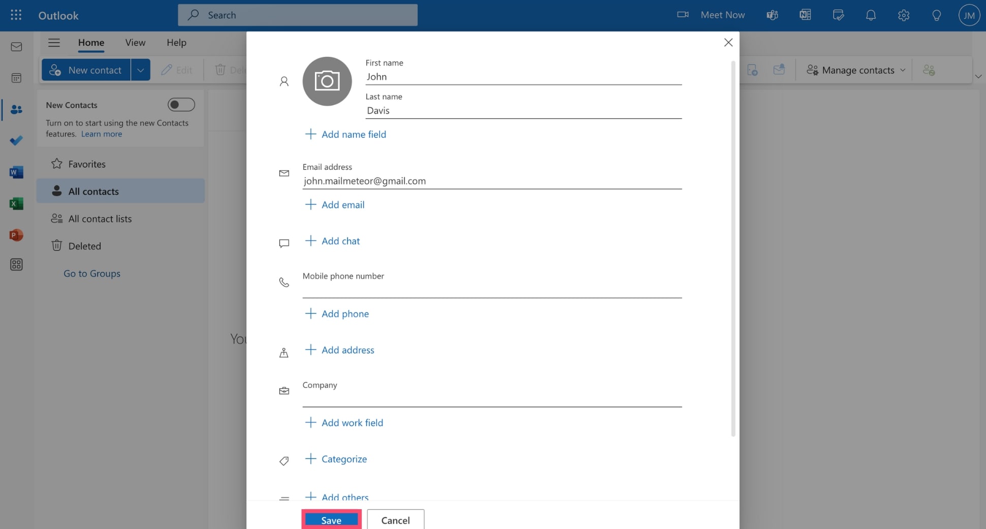 Save your contact in Outlook