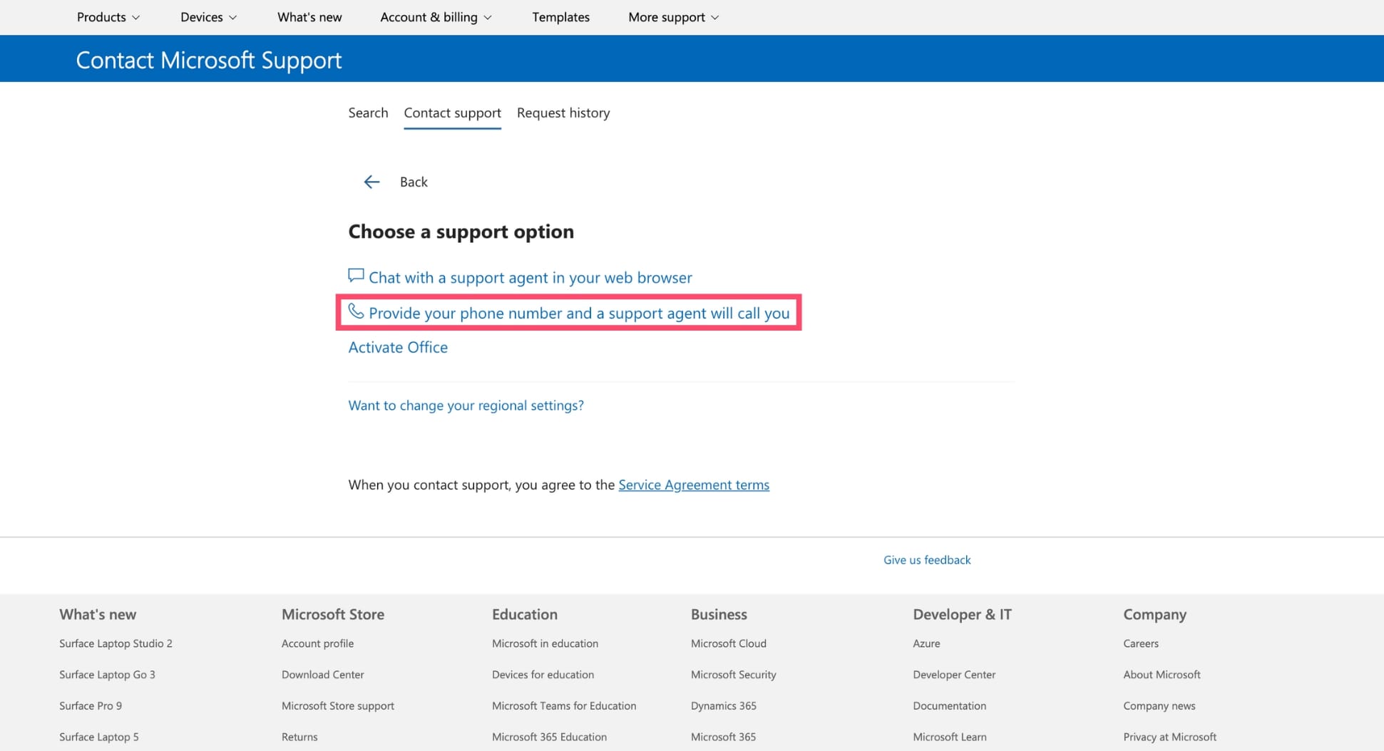 Ask an Outlook support agent to call you back