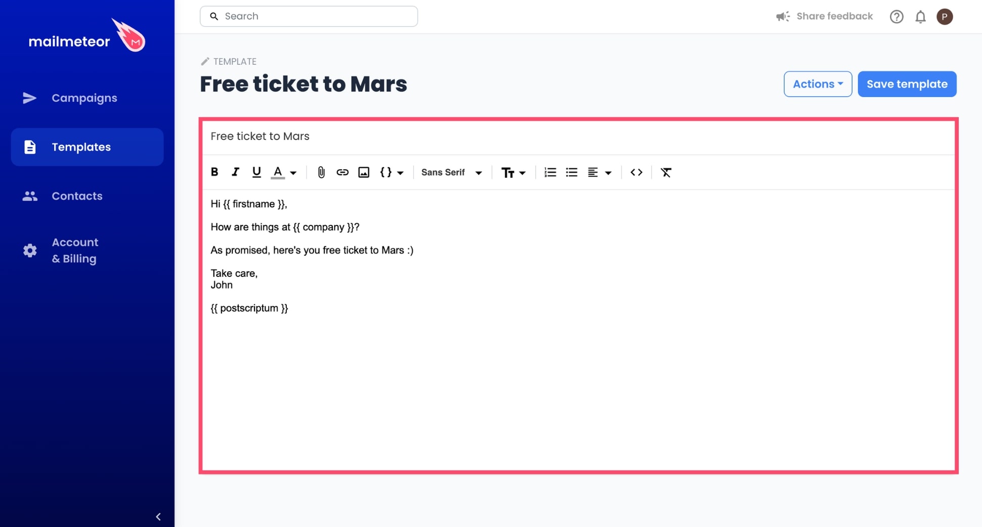 Write the content of your Outlook email template in Mailmeteor