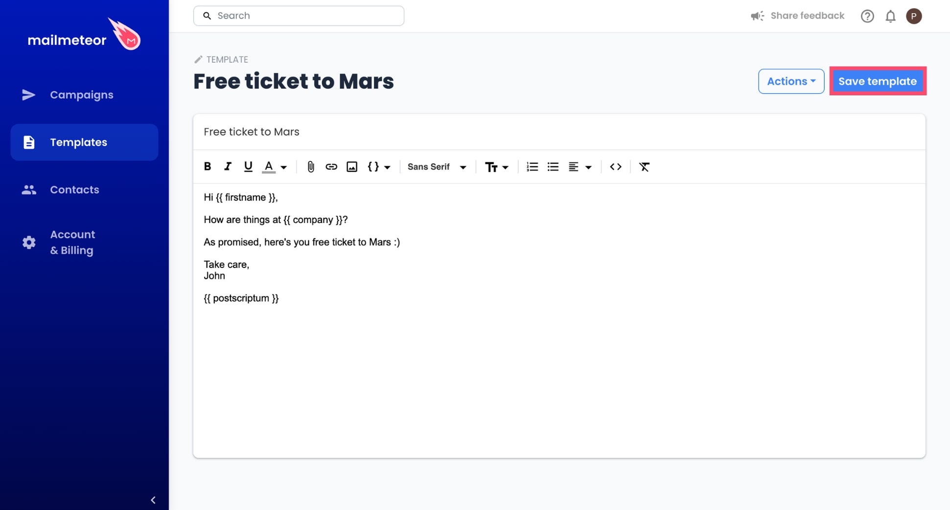 Save your template in Mailmeteor