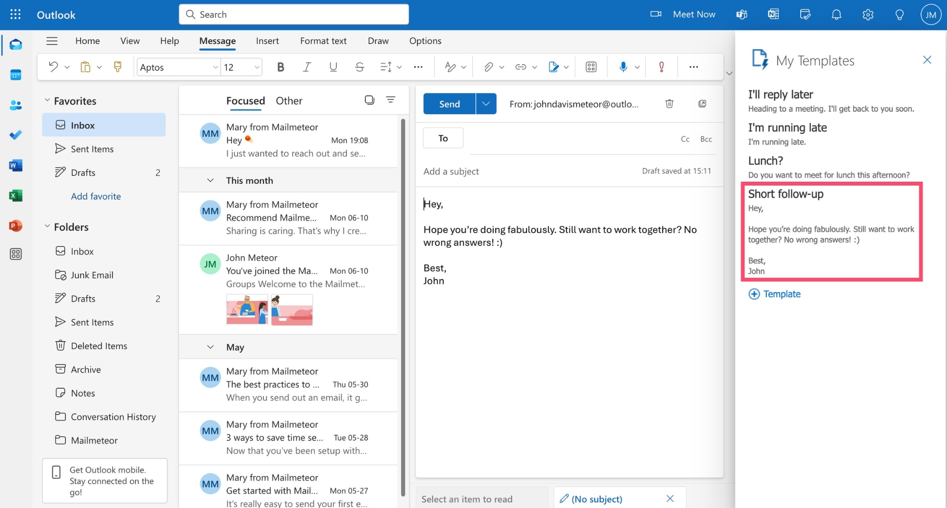 Select your Outlook email template to use it